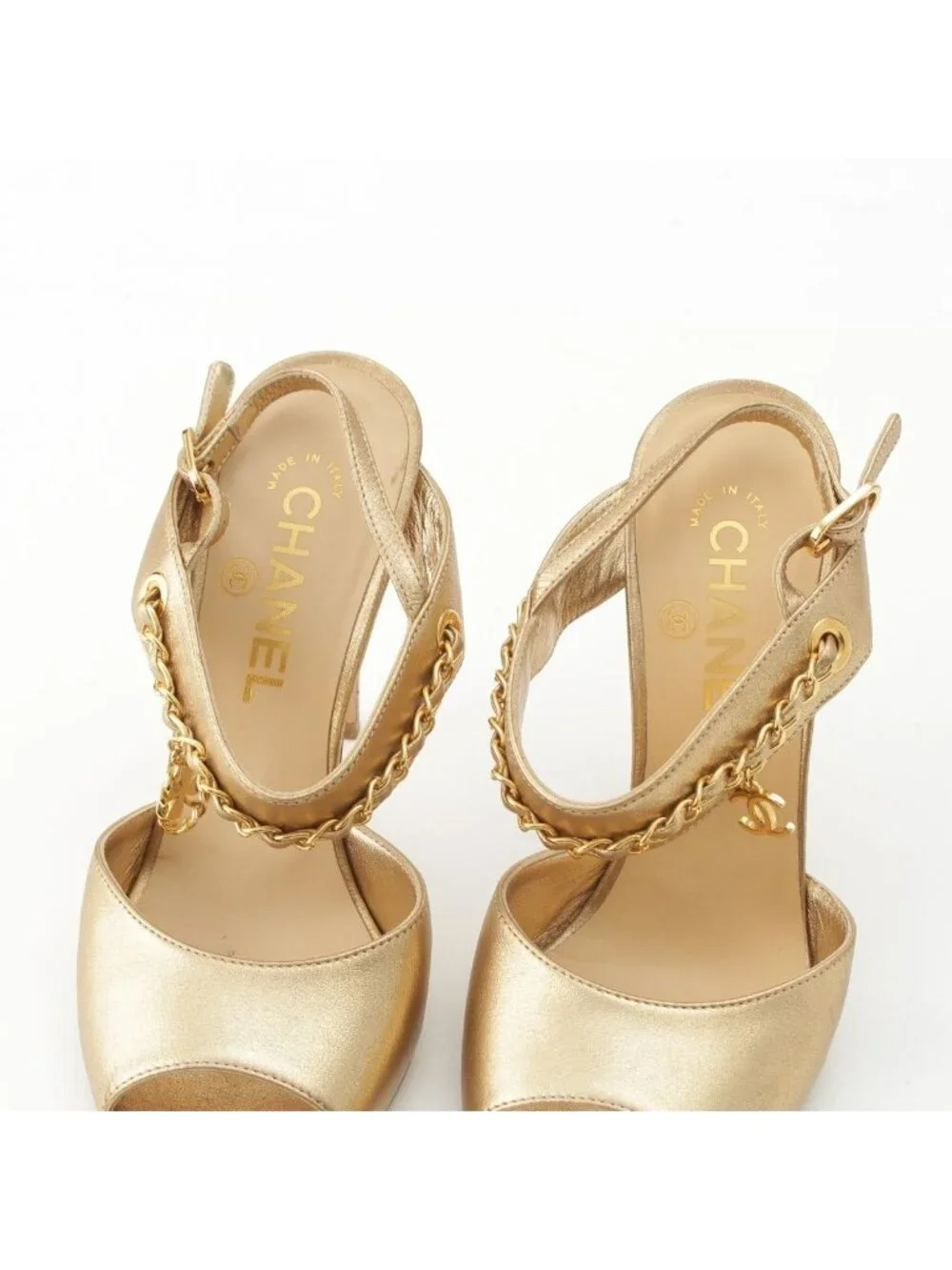 Chanel Leather CC Logo Chain Heels Clover Sandals Gold